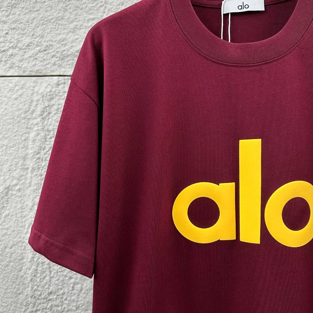 Alo*2026 Spring and Summer New Arrival Classic simple letter three-dimensional foaming process personalized logo custom double yarn plain cotton fabric short-sleeved T-shirt men and women Same Style Color: Black White Apricot Black Angora Red Size: S (90-130 pounds) M (120-150 pounds) L (140-165 pounds) XL (160-180 pounds) XXL (180 kilograms)