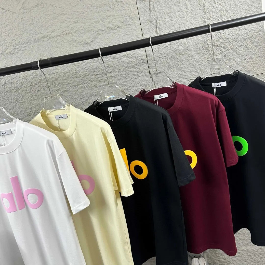 Alo*2026 Spring and Summer New Arrival Classic simple letter three-dimensional foaming process personalized logo custom double yarn plain cotton fabric short-sleeved T-shirt men and women Same Style Color: Black White Apricot Black Angora Red Size: S (90-130 pounds) M (120-150 pounds) L (140-165 pounds) XL (160-180 pounds) XXL (180 kilograms)