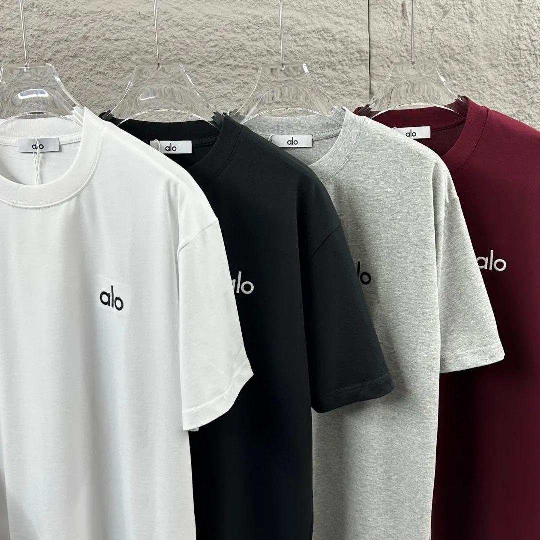 Alo*2026 Spring and Summer New Arrival Classic simple letter three-dimensional embroidery process personalized logo customized double yarn plain cotton fabric short-sleeved T-shirt men and women Same Style Color: Black White Flower Gray Angora Red Size: S (90-130 pounds) M (120-150 pounds) L (140-165 pounds) XL (160-180 pounds) XXL (180 kilograms)