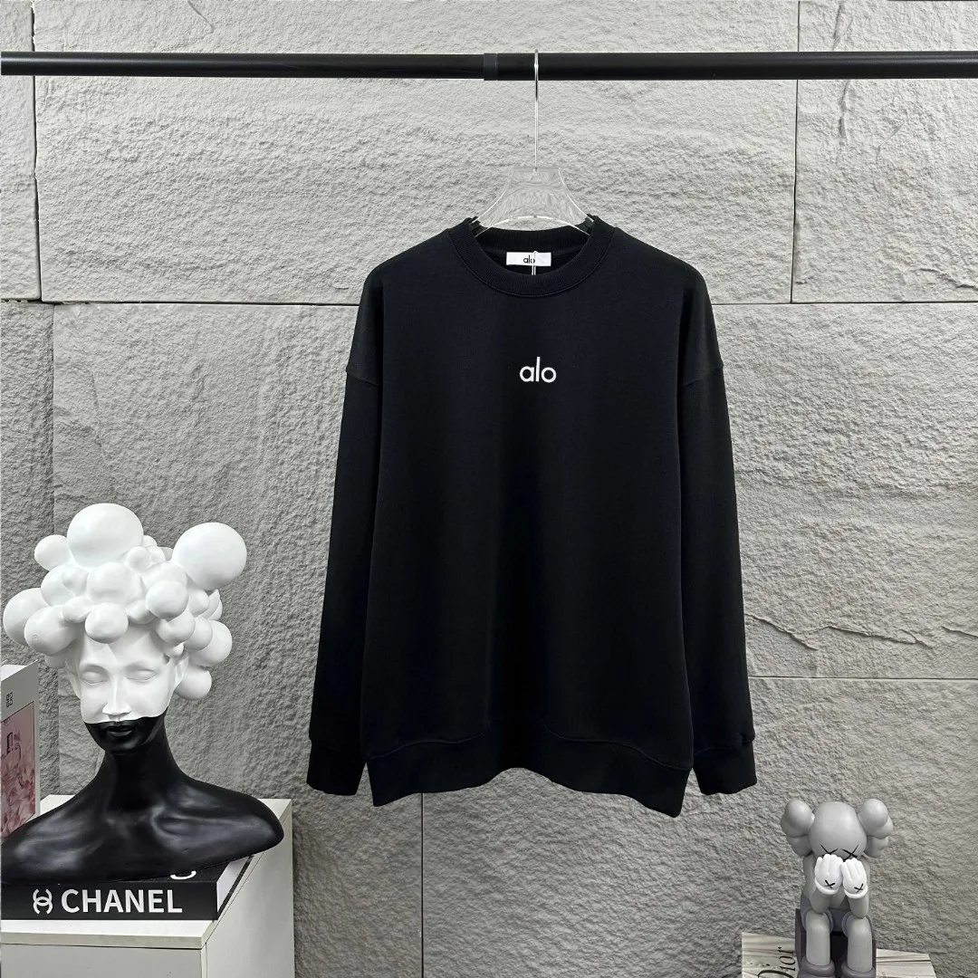 Alo*2026 Early Autumn and Winter New Arrival Classic simple letters three-dimensional thick plate silicone technology personalized logo custom terry fabric long-sleeved round neck sweatshirt men and women Same Style Color: Black White Size: S (90-130 pounds) M (120-150 pounds) L (140-165 pounds) XL (160-180 pounds) XXL (180 pounds)