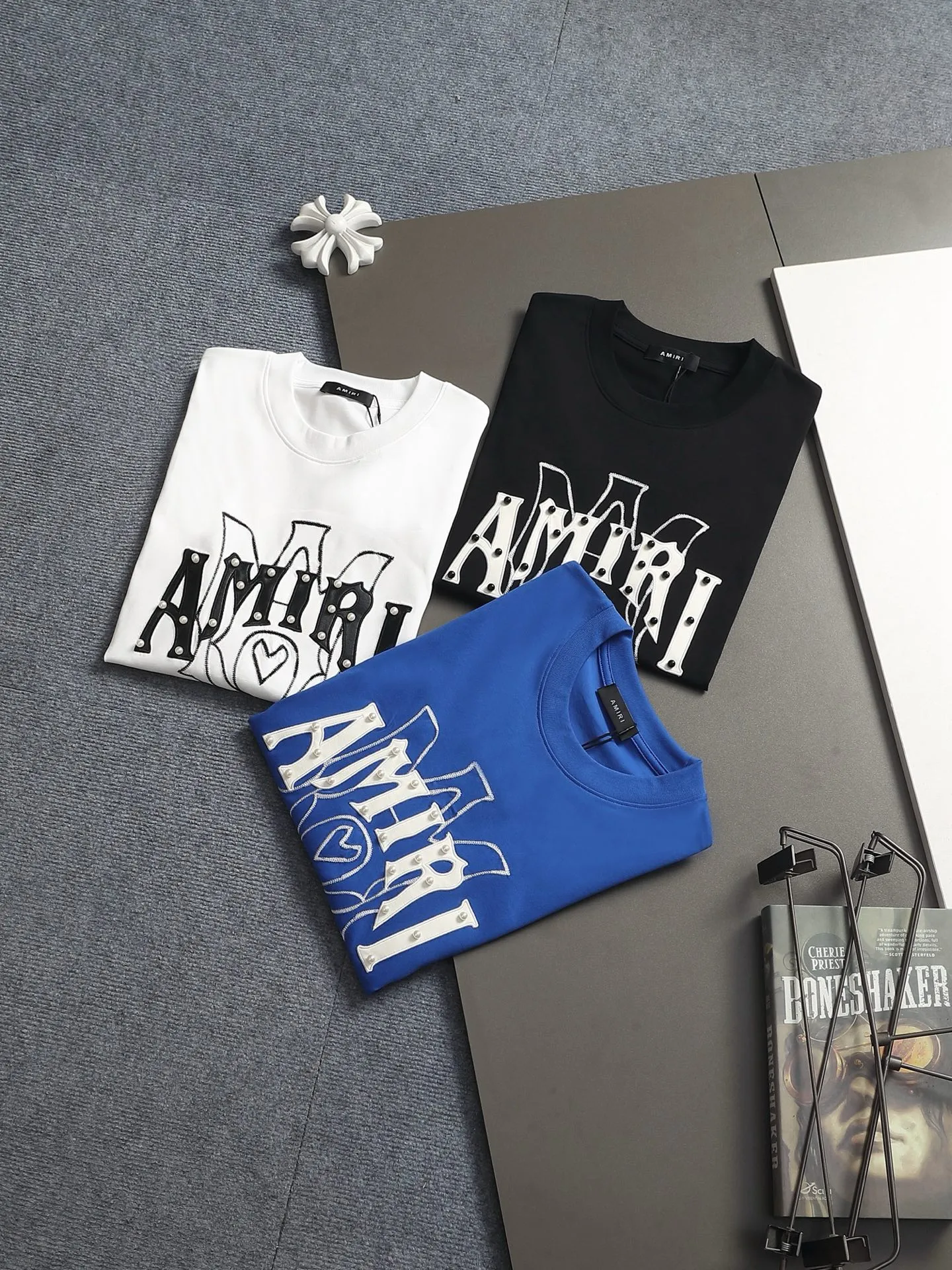AMIRI Cowhide Leather Logo ， Same Style Versatile : Black White Blue Size：S M L XL XXL