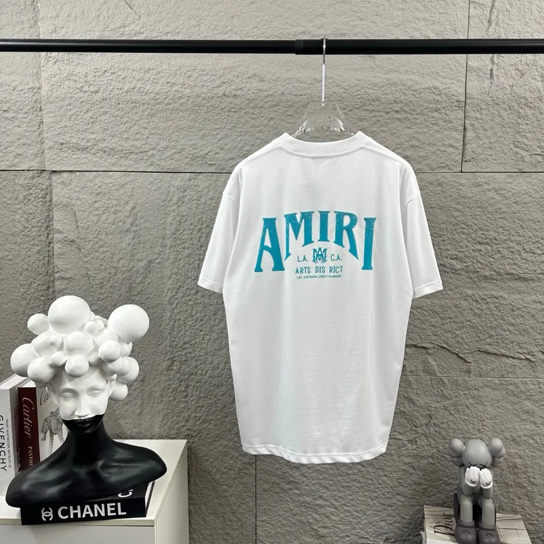 Amiri*Emile 2026 Early Spring and Summer New Arrival Customized plain cotton double yarn fabric Short-sleeved T-shirt Classic letter hot diamond + flocking technology Men and women Same Style Color: Black White Size: S (90-130 pounds) M (120-150 pounds) L (140-165 pounds) XL (160-180 pounds) XXL (180 pounds)