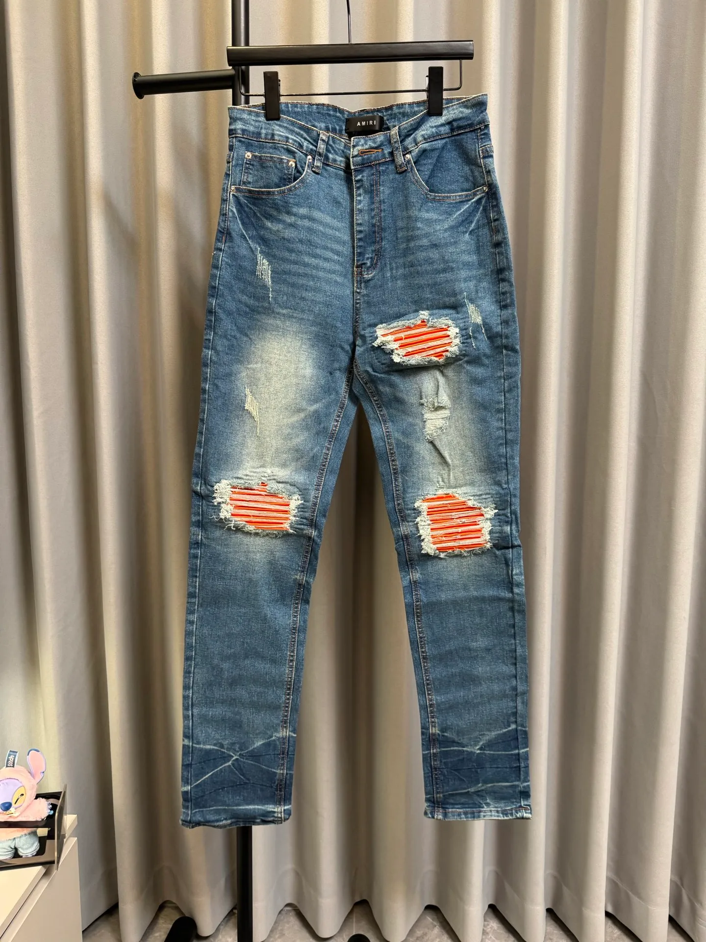 [High version] Amiri MX 1 26Ss patchwork leather ripped knife-cut slim fit washed jeans (blue) Size: 28 30 32 34 (s-xl)