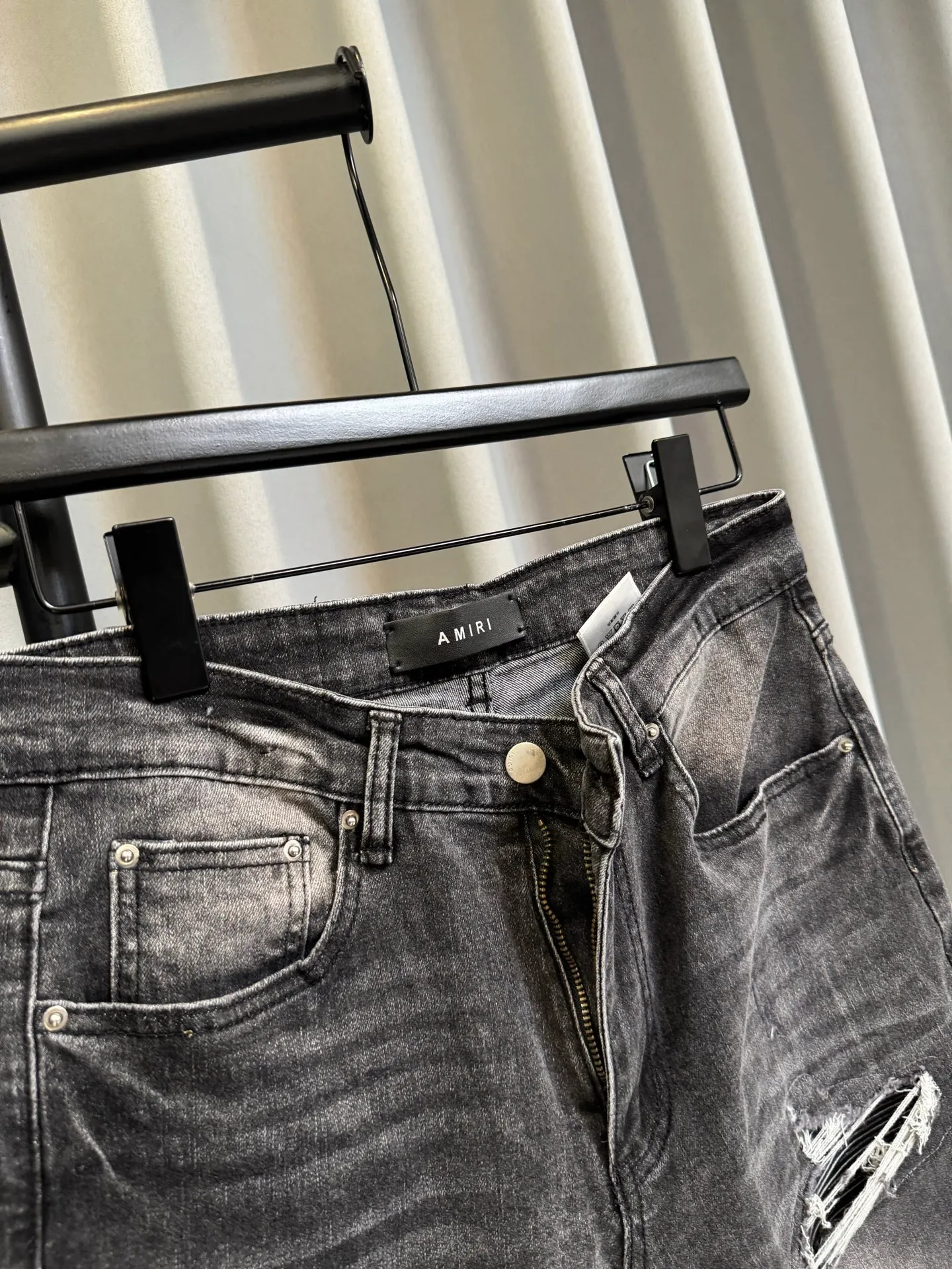 [High version] Amiri MX 1 26Ss patchwork leather ripped knife-cut slim fit washed jeans (picture color) Size: 28 30 32 34 (s-xl)