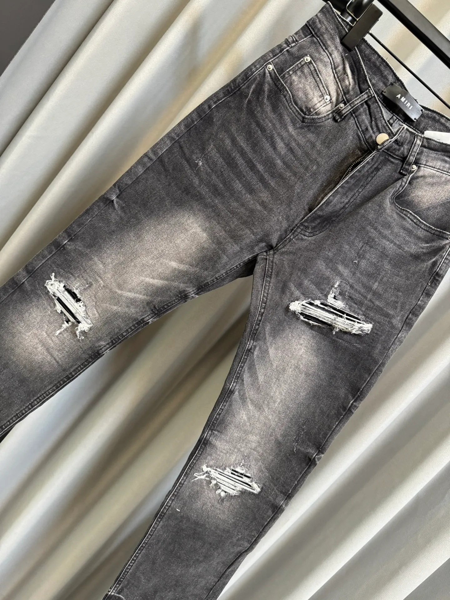 [High version] Amiri MX 1 26Ss patchwork leather ripped knife-cut slim fit washed jeans (picture color) Size: 28 30 32 34 (s-xl)