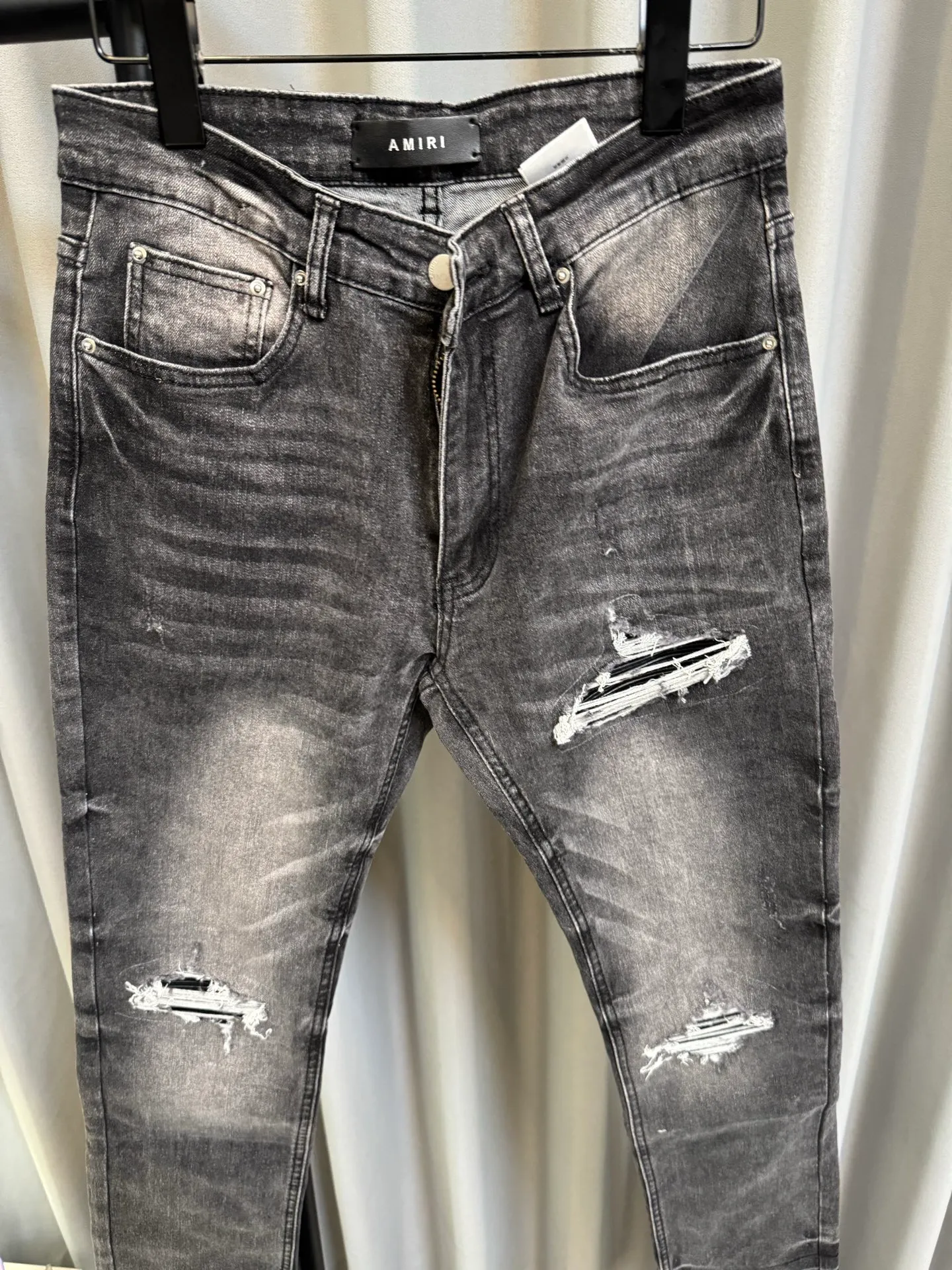 [High version] Amiri MX 1 26Ss patchwork leather ripped knife-cut slim fit washed jeans (picture color) Size: 28 30 32 34 (s-xl)