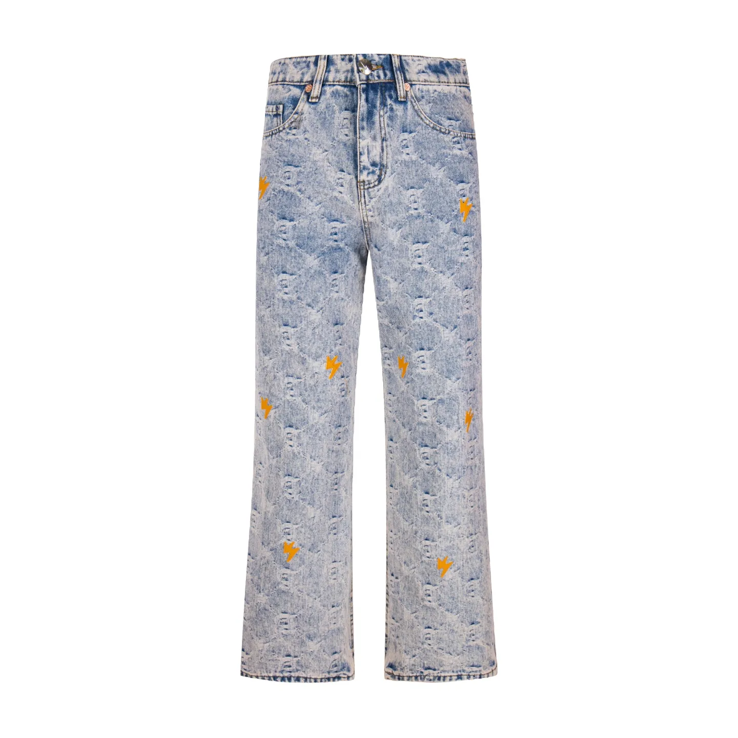 (Mainly recommended for Hot Sale) Amexnocap internet celebrity jacquard all-over print lightning jeans Same Style for men and women Same Style. Styles with different wash textures are very friendly to people with thin legs and thick legs. The straight version is very flattering to the leg shape. The moderate length is timeless and easy to match. It has the basic styling foundation of various styles and is a must-have in the wardrobe! The fabric is stiff but also makes the upper body soft without losing texture. The washing process is even more perfect. It is a must-have item for everyone! ! ! Washed wheat, hang tag, trouser label, three labels complete Style number: # Color: blue Size: 28 30 32 34 36