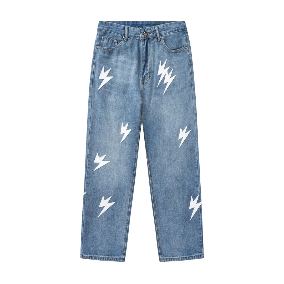 Amexnocap lightning jeans are created using vintage Levis jeans as the base plate. Laser cut small Cowhide Leather lightning bolts are combined with the Classic base plate. This is the reason why the price of these pants doubles. 3 colors Sizes 30-36