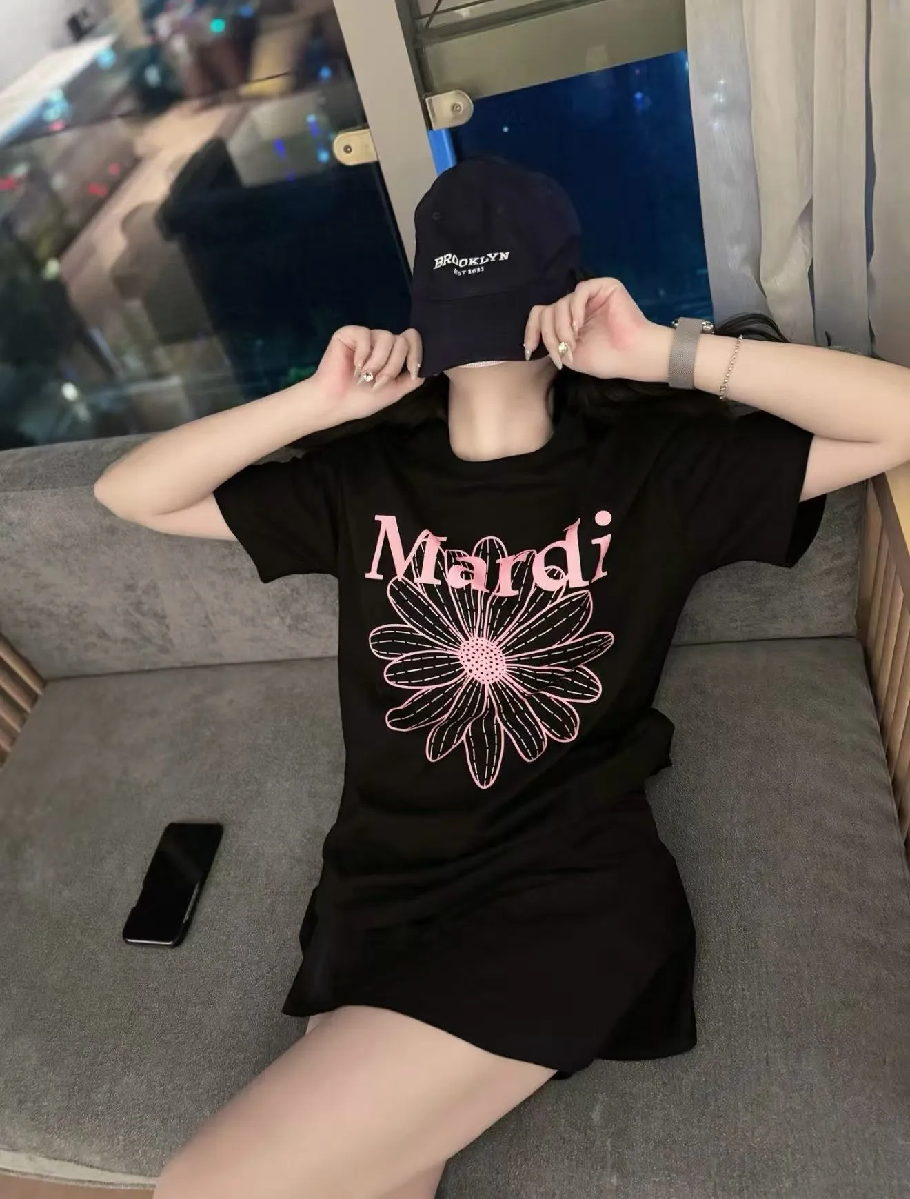 MARDI MERCREDI Korean style single flower basic printed short-sleeved T-shirt upper body reference