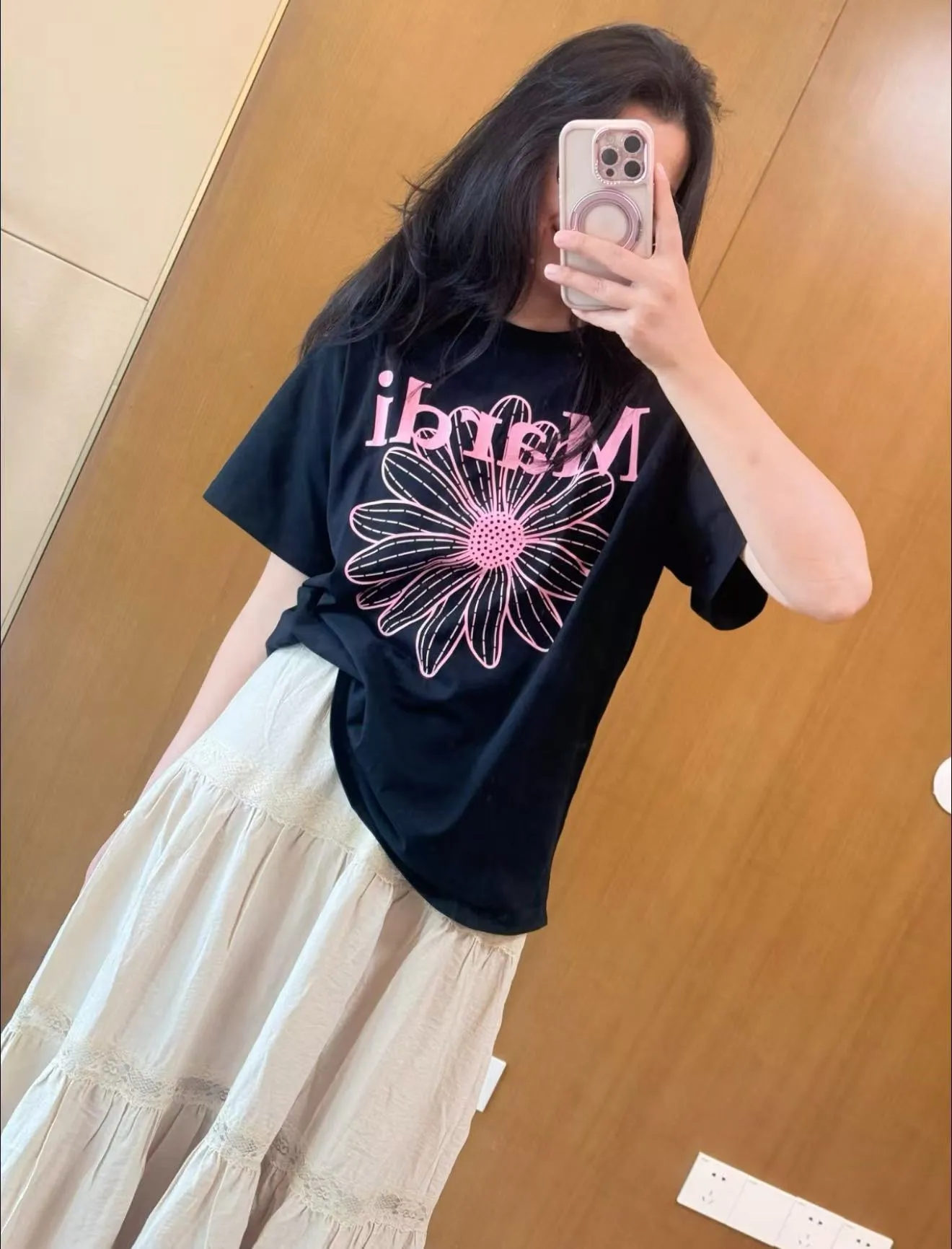 MARDI MERCREDI Korean style single flower basic printed short-sleeved T-shirt upper body reference