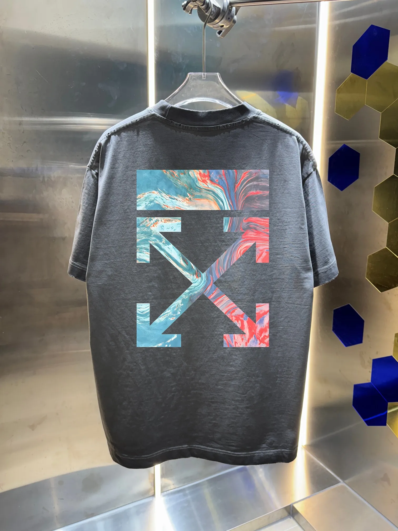 OFF-white/2026 Spring/Summer New Arrival Washed and worn 320g round neck short-sleeved tee, same style loose version for men and women, hang tag, collar label, wash mark, complete with three labels Color: wash black, wash white, wash gray, wash purple, wash green Size: S M L XL XXL