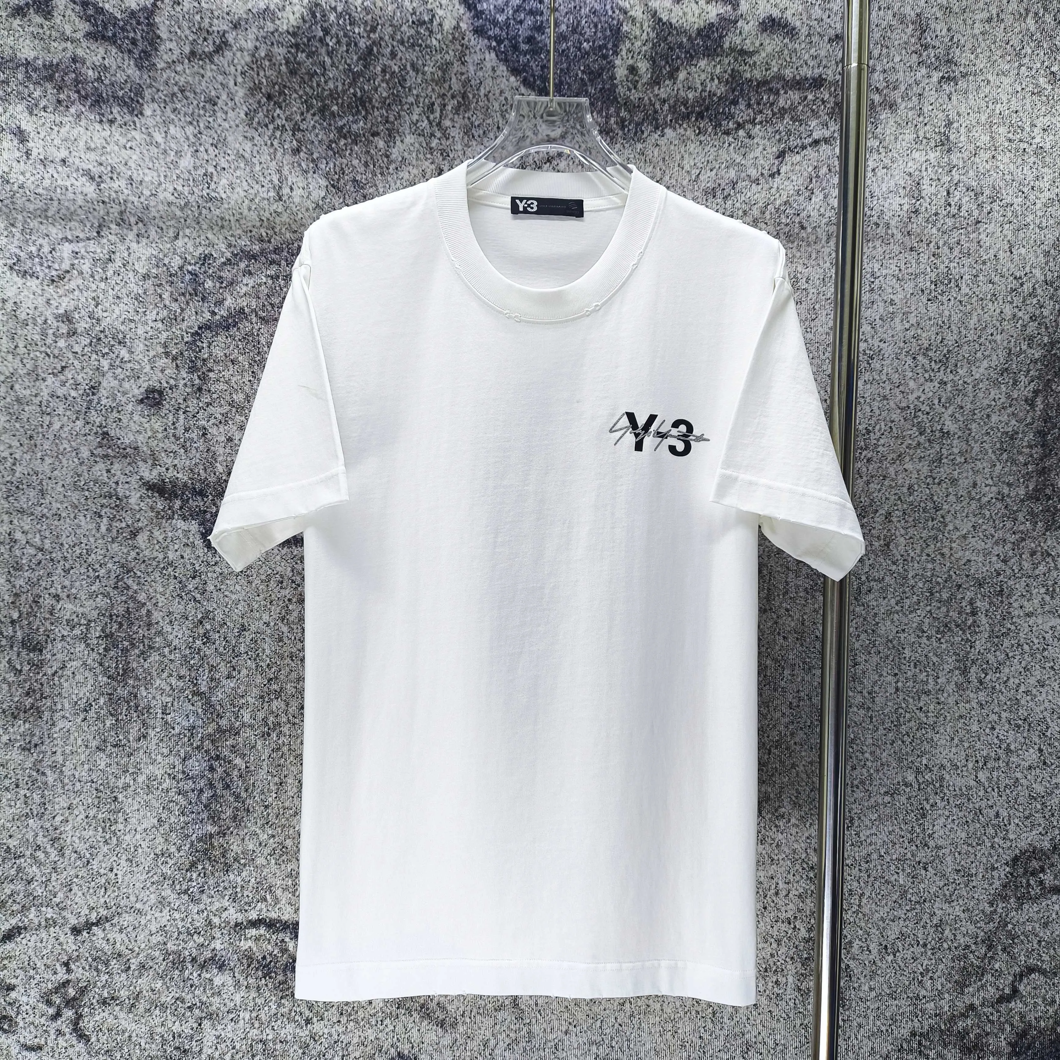 Y 3 Yohji Yamamoto 2026 Spring and Summer New Arrival g neck sleeves frayed washed and distressed flocked hot silver logo short-sleeved T-shirt loose fit for men and women Same Style Size S M L XL XXL Wash Black Wash White Wash Gray