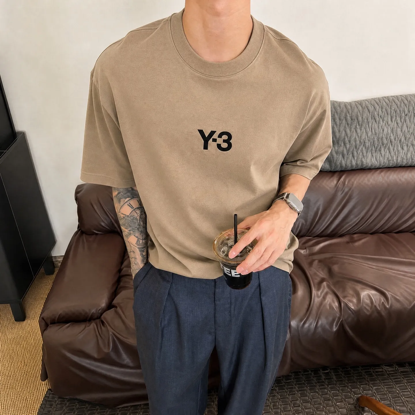 Y 3～ Logo embroidery "Difference currency fabric" Double yarn pure cotton, tight yarn short-sleeved T-shirt top short-sleeved tee upper body is very comfortable, Same Style half-sleeves for men and women, dropped shoulders loose version Color: Black White Coffee Brown Size: S (90-130 pounds) M (125-150 pounds) L (135-165 pounds) XL (160-190 pounds) XXL (185 pounds)