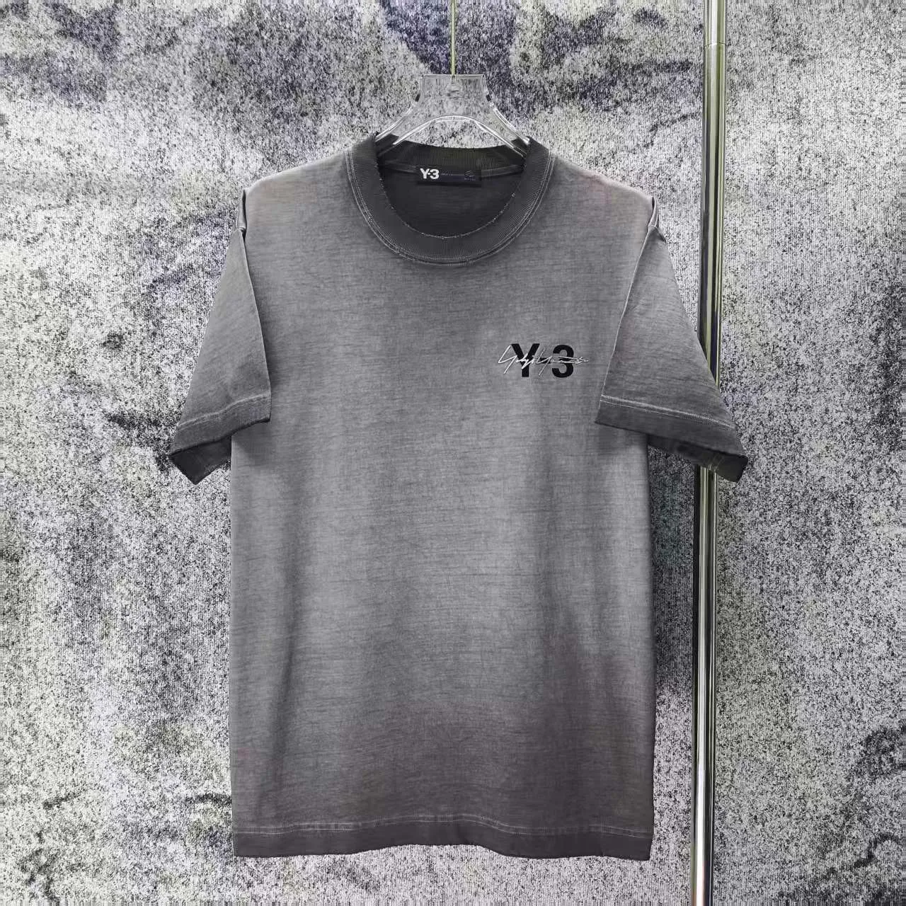 Y 3 Yohji Yamamoto 2026 Spring and Summer New Arrival g neck sleeves frayed washed and distressed flocked hot silver logo short-sleeved T-shirt loose fit for men and women Same Style Size S M L XL XXL Wash Black Wash White Wash Gray
