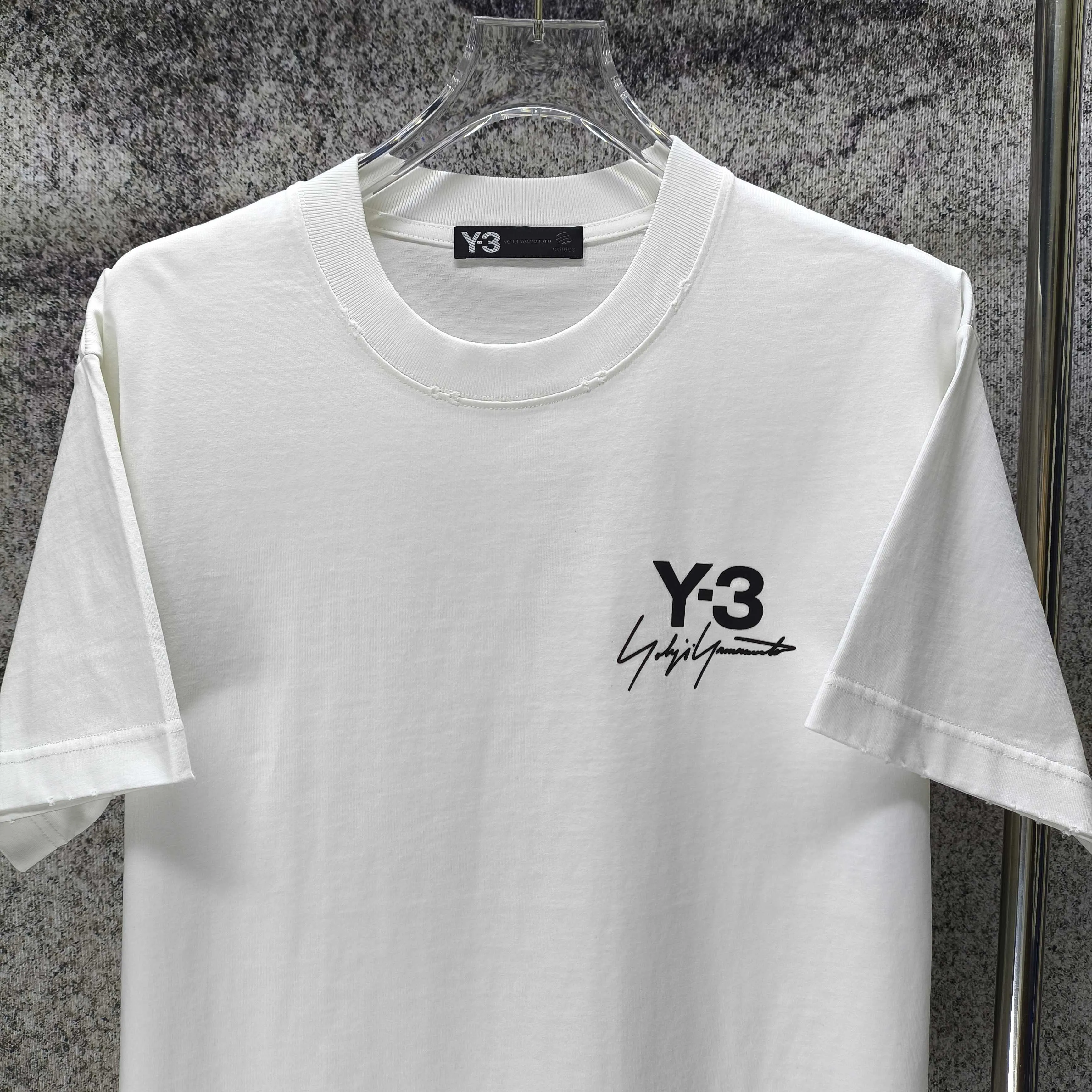Y 3 Yohji Yamamoto 2026 Spring and Summer New Arrival g-neck sleeves frayed and washed, three-dimensional thick plate glue logo, short-sleeved T-shirt, loose fit for men and women, Same Style Size S M L XL XXL, washed Black, washed White, washed Gray
