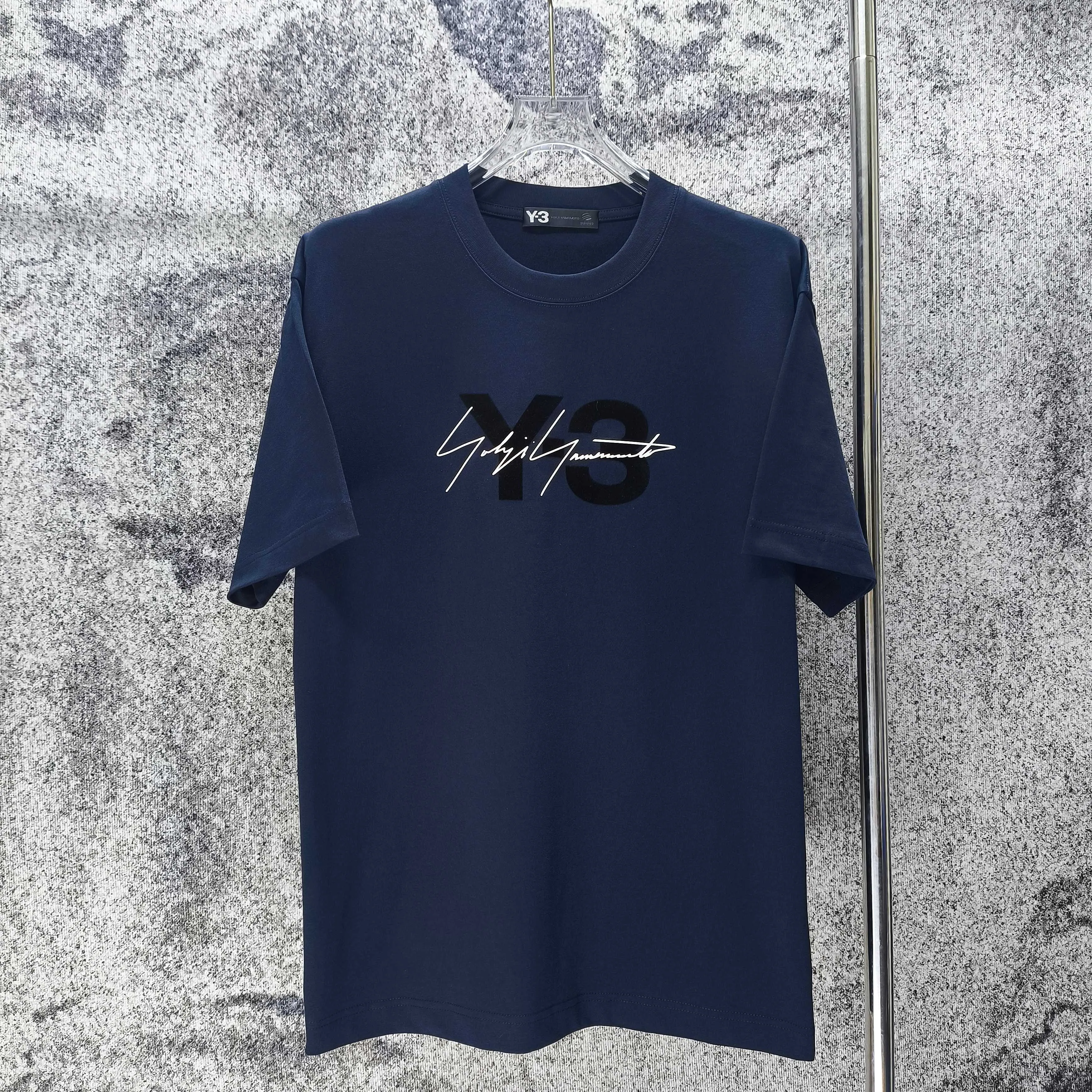 Y 3 Yohji Yamamoto 2026 Spring and Summer New Arrival flocking➕silicone signature logo short-sleeved T-shirt loose fit for men and women Same Style Size S M L XL XXL Black White Navy Blue color