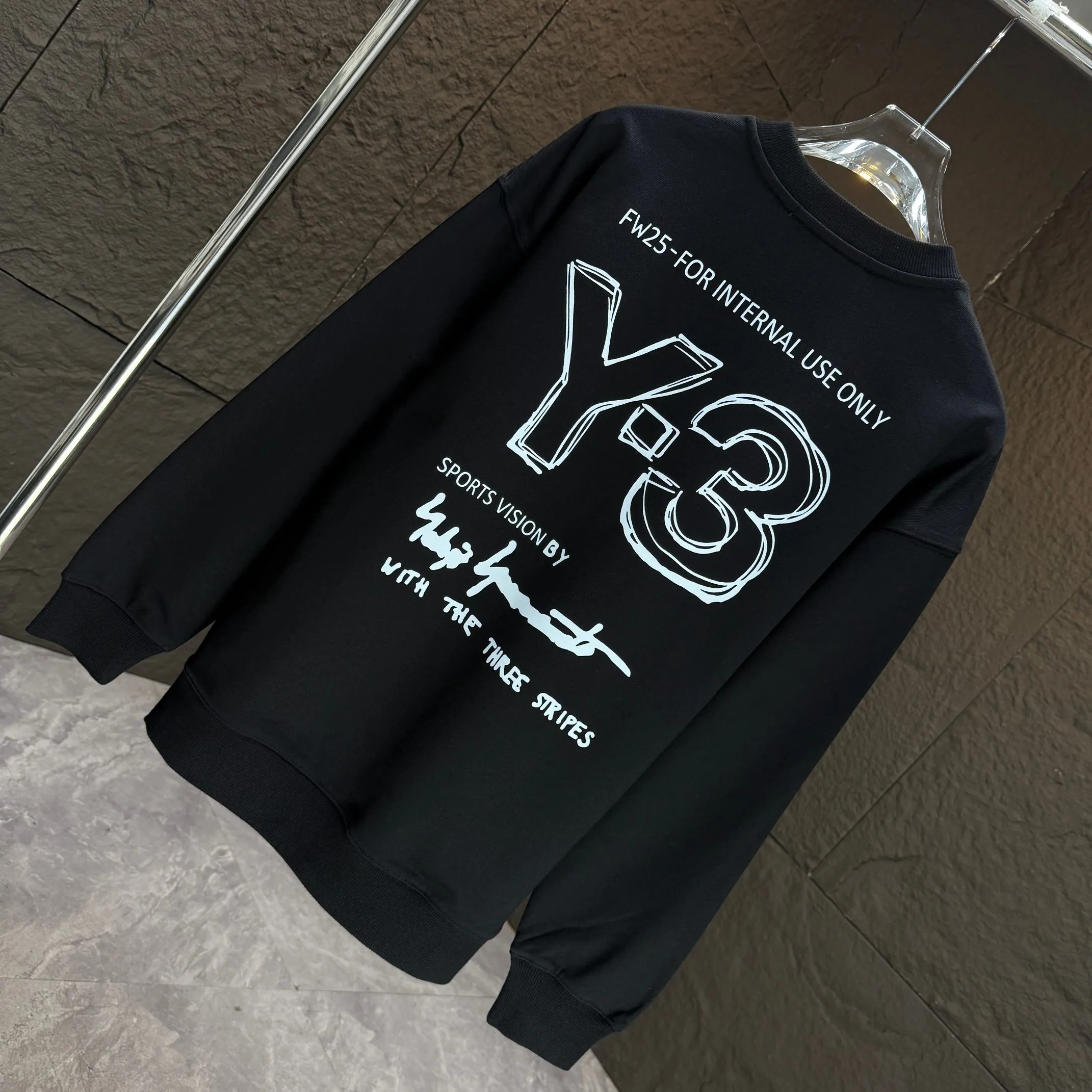 Y 3 Yohji Yamamoto 2025 Autumn and Winter New Arrival crew neck sweatshirt gram terry cotton letter logo print Color: Black White Gray Sizes: S M L XL XXL