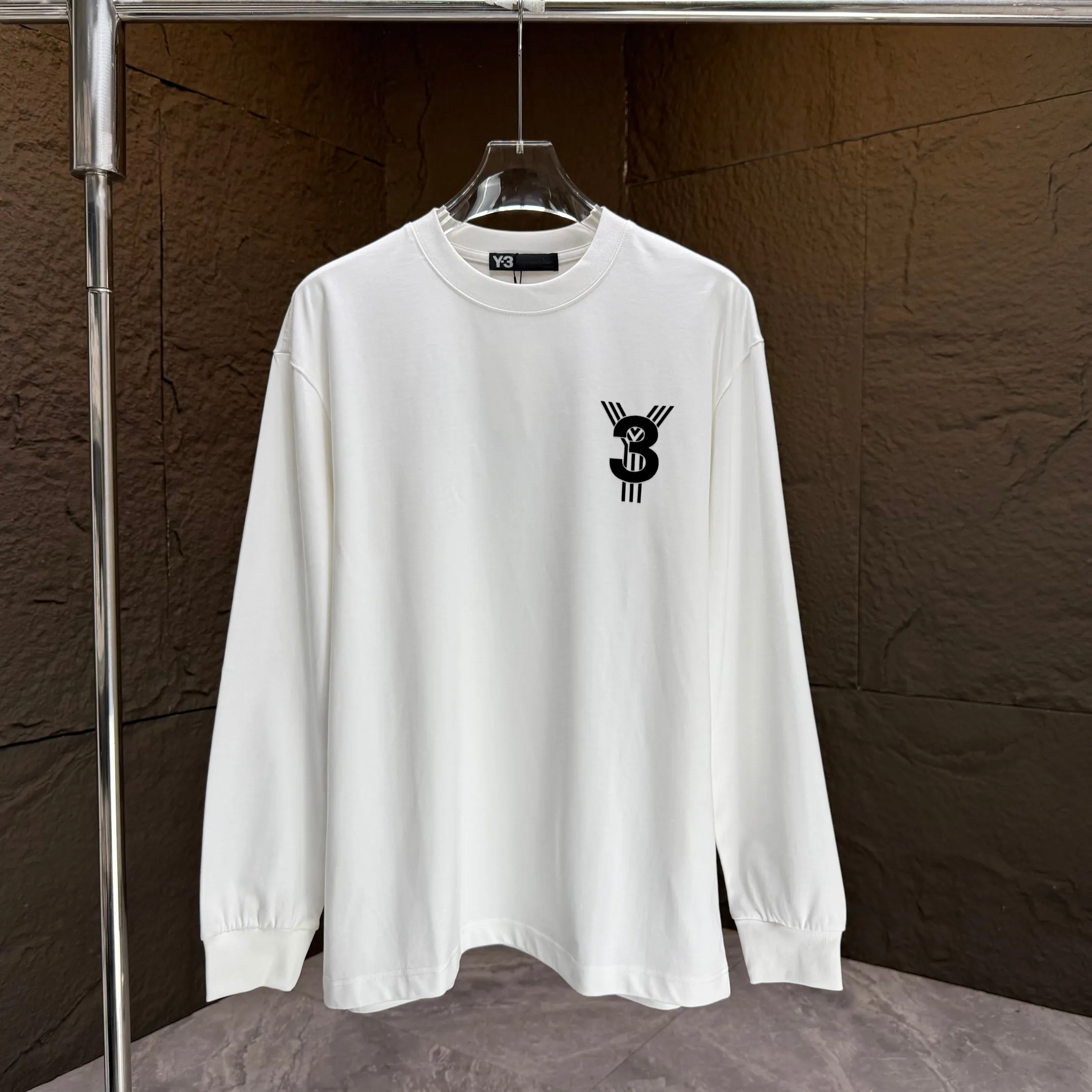 Y 3 Yohji Yamamoto 2025 Autumn and Winter New Arrival thick long-sleeved T-shirt gram pure cotton letter logo flocking Color: Black White Angora Red Sizes: S M L XL